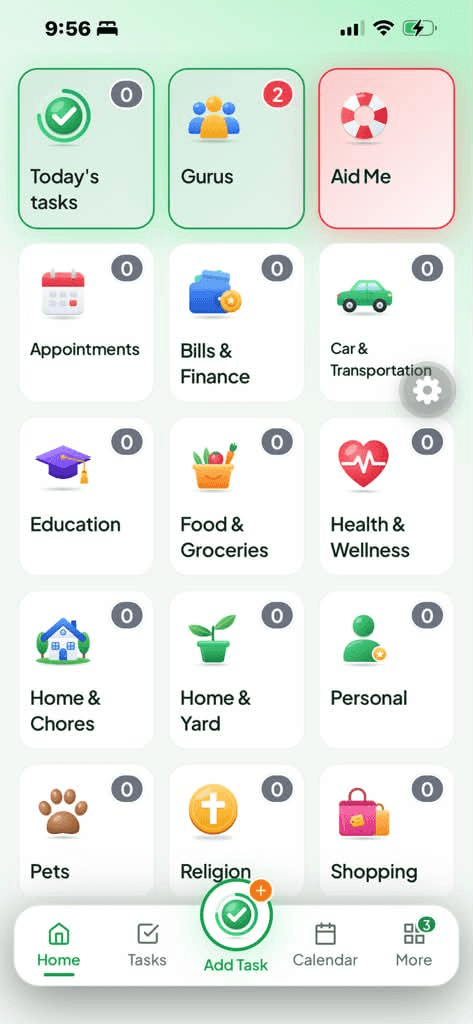 The GoodLifeTask Home screen in light mode: tiles for Today’s tasks, the family, Aid Me, Appointments, Bills & Finance, Car & Transportation, Education, Food & Groceries, Health & Wellness, Home & Chores, Home & Yard, Personal, Pets, Religion and Shopping.